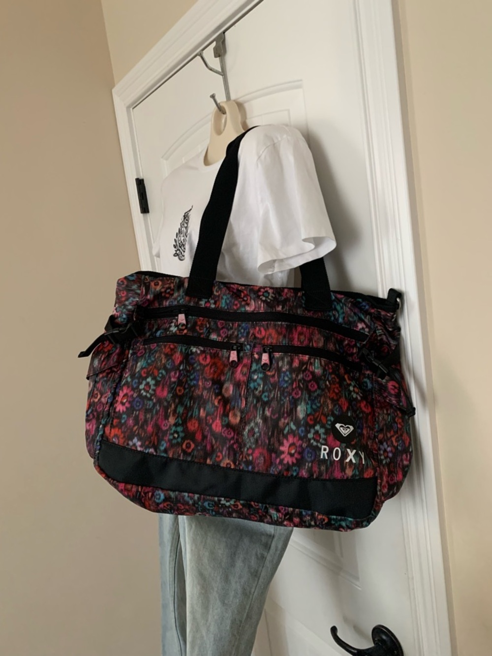 Roxy Floral Travel Tote in Black, Pink, Red and Teal